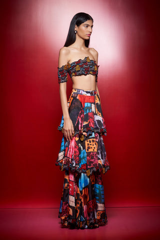 Shivan & Narresh Zoolostamp Embroidered Black Bustier; Multicolor; Stitched Blouse;