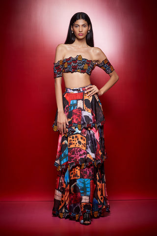 Shivan & Narresh Zoolostamp Embroidered Black Bustier; Multicolor; Stitched Blouse; 