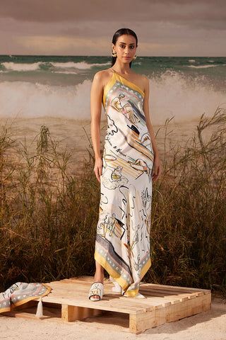 Shivan & Narresh Saun Asymmetrical Dress; Saun Print; Multicolor; Women Resort Wear; Long Dress; One-shoulder Dress
