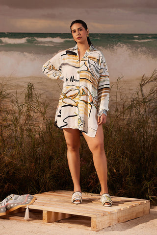 Shivan & Narresh Saun Resort Shirt Dress with Embroidery; Saun Print; Multicolor; Women Resort Wear; Shirt Dress; 