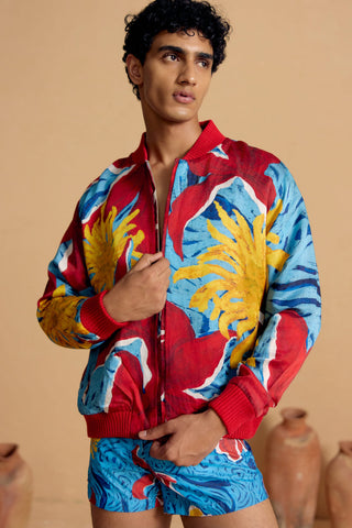 Maurice Resort Bomber Jacket – close-up of Maurice print and zipper detailing | Shivan & Narresh
