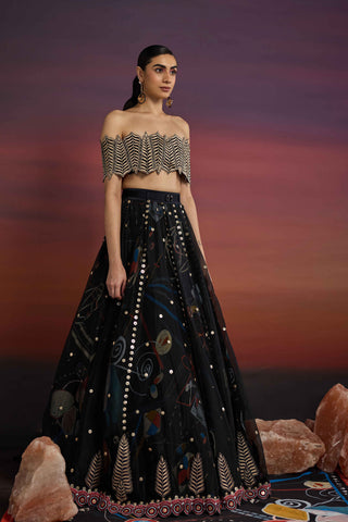 Ebony Celestique Skein Lehenga with Orientalis Off-Shoulder Bustier