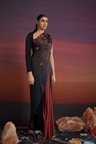 Ombre RoshFlor Skein Tailored Sari with Asymmetrical Blouse