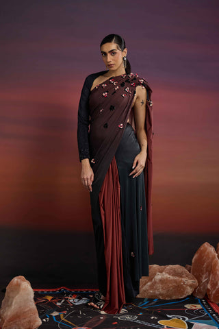 Ombre RoshFlor Skein Tailored Sari with Asymmetrical Blouse