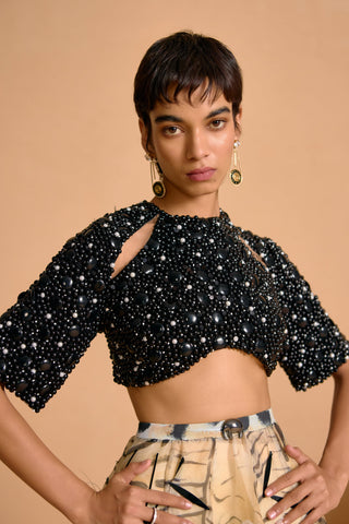 Noir Plume Appliqué Lehenga with Beaded Cut-Out Blouse