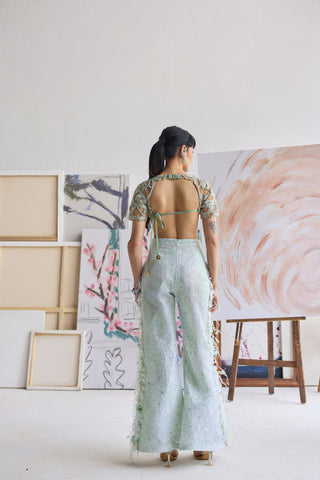 Mint Celestine Flared Trousers with Beaded Swirl Top