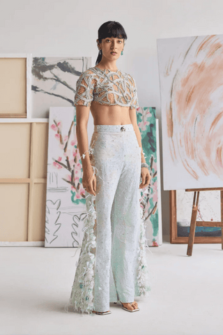 Mint Celestine Flared Trousers with Beaded Swirl Top