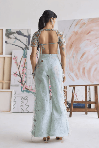 Mint Celestine Flared Trousers with Beaded Swirl Top