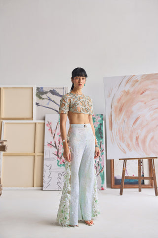 Mint Celestine Flared Trousers with Beaded Swirl Top