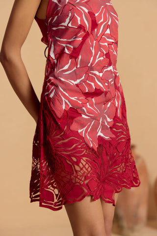 Crimson Floraison Appliqué Dress