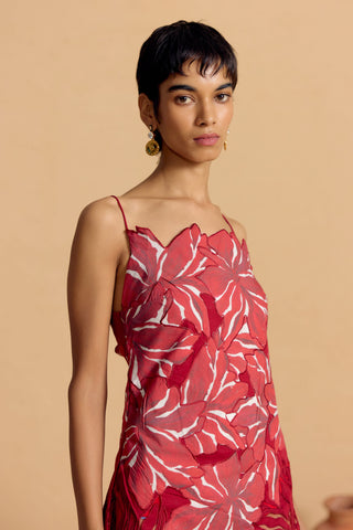 Crimson Floraison Appliqué Dress