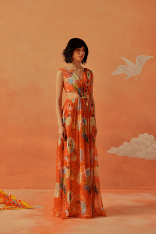Younail Draped Saf Gown – front view of model in draped gown | Shivan & Narresh