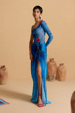 Maurice One-Shoulder Pleated Gown
