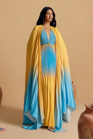 Solazure Ombre Pleated Gown with Cape