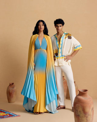 Solazure Ombre Pleated Gown with Cape