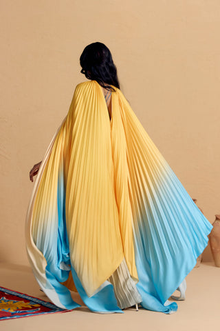 Solazure Ombre Pleated Gown with Cape