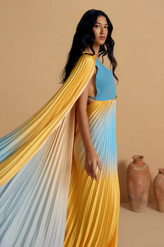 Solazure Ombre Pleated Gown with Cape
