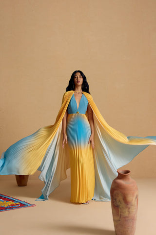 Solazure Ombre Pleated Gown with Cape