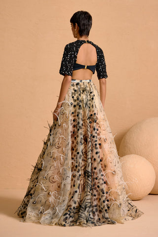 Noir Plume Appliqué Lehenga with Beaded Cut-Out Blouse