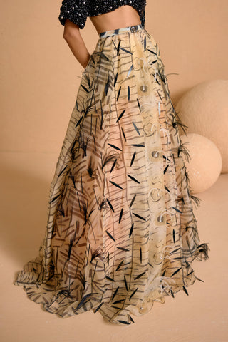 Noir Plume Appliqué Lehenga with Beaded Cut-Out Blouse