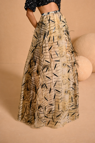 Noir Plume Appliqué Lehenga with Beaded Cut-Out Blouse