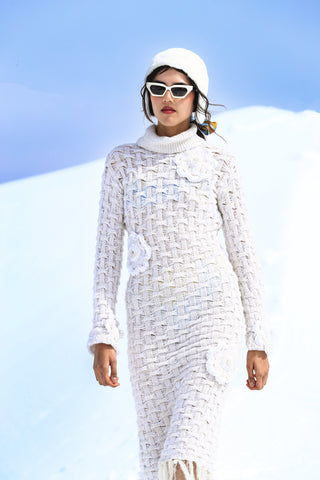 Ivory Lattice Bloom Knitted Dress