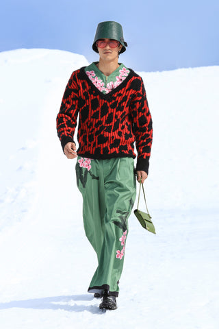 Crimson Rosette Jumper with Evergreen Sakura Trousers