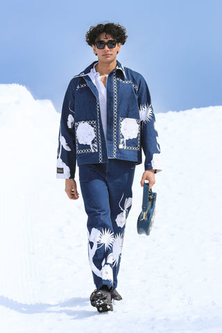 Denim CrossCord Fleur Jacket & Trousers with Ivory Knitted Polo