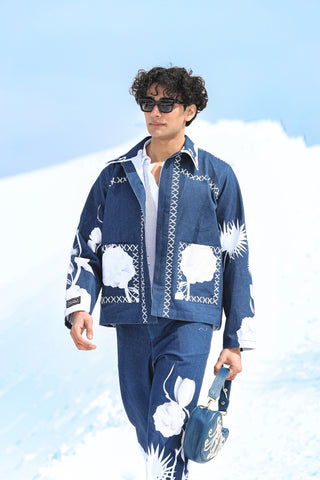 Denim CrossCord Fleur Jacket & Trousers with Ivory Knitted Polo