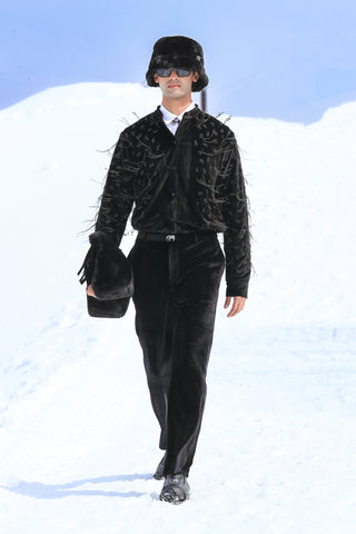 Noir Feathered Velvet Shacket with Pants