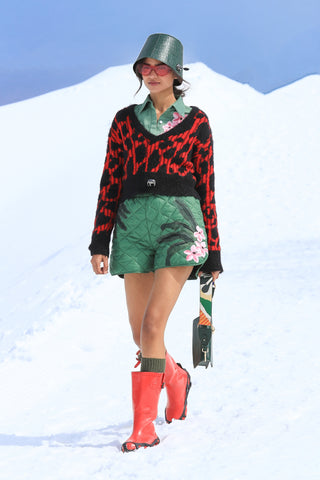 Crimson Rosette Cropped Jumper with Evergreen Sakura Quilted Shorts & Shirt