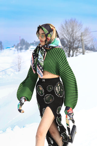 Evergreen Stripe Knit Top with Embellished Knit Skirt