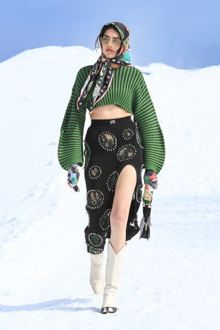 Evergreen Stripe Knit Top with Embellished Knit Skirt