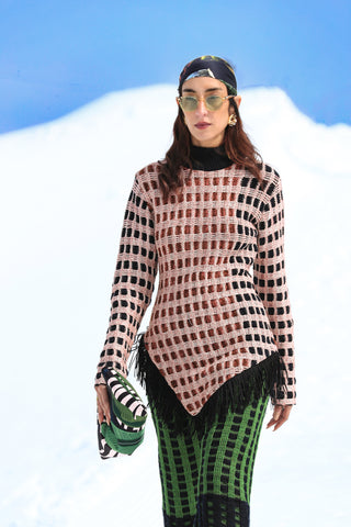 Blush Checkered Knit Top with Evergreen Knit Trousers