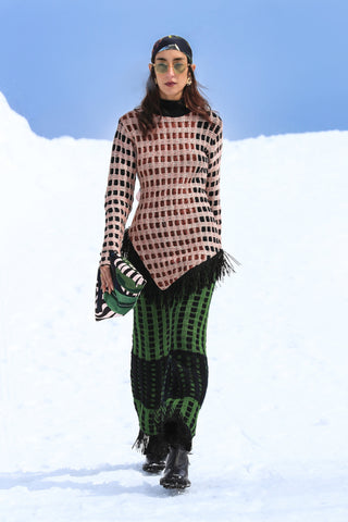 Blush Checkered Knit Top with Evergreen Knit Trousers