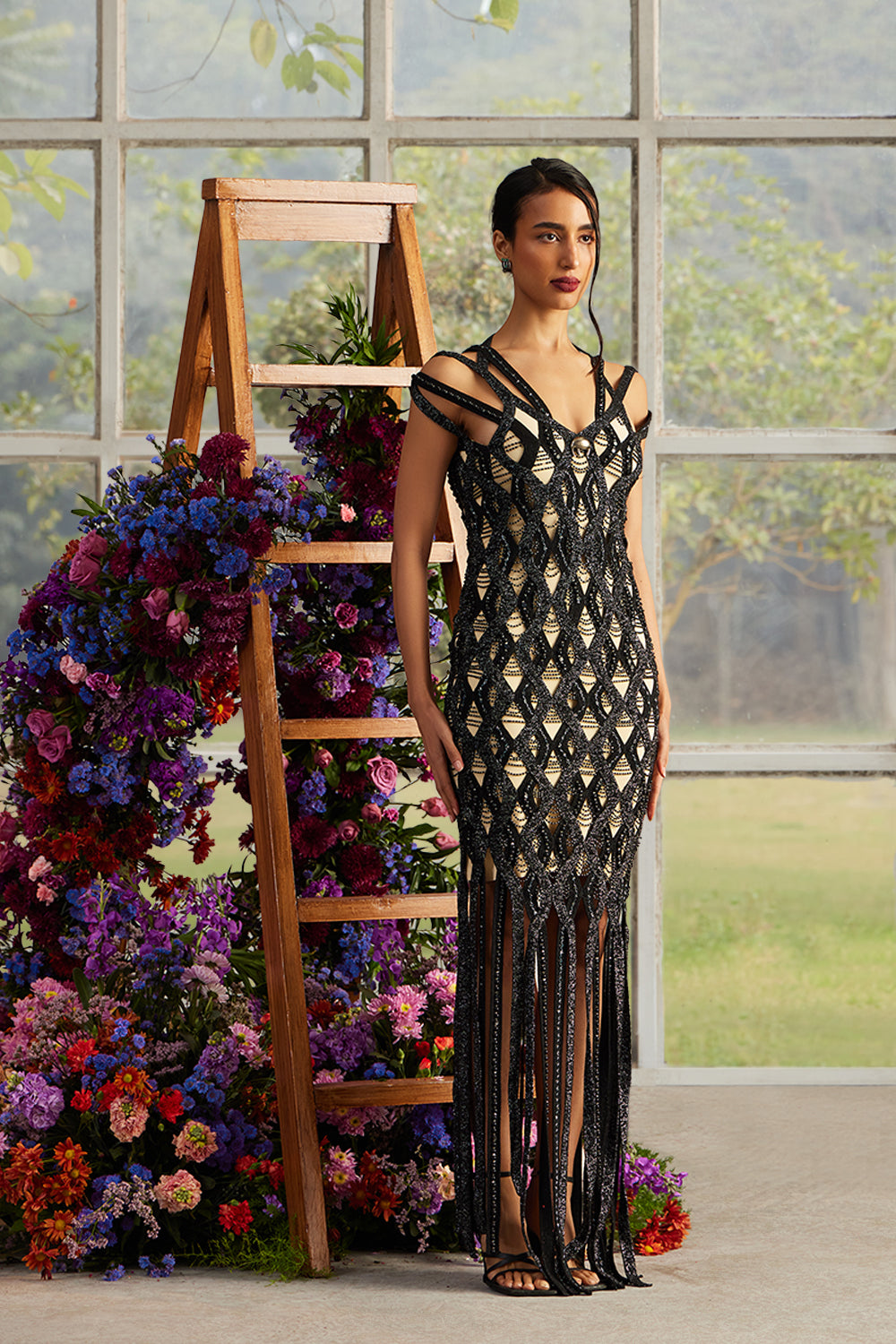 Onyx Helix Bead-Knit Fringe Dress available only at Shivan and Narresh SHIVAN & NARRESH Onyx Helix Bead-Knit Fringe Dress available only at Shivan and Narresh SHIVAN & NARRESH