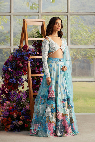 Azure Bloom Burst Lehenga with Pearlescent Cord Blouse and Dupatta