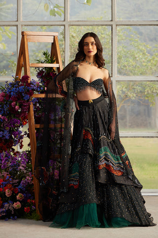 Onyx Roza Layered Skirt with Beaded Bustier and Dupatta