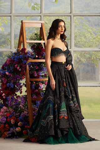 Onyx Roza Layered Skirt with Beaded Bustier and Dupatta