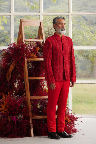 Crimson Thread Shred Beaded Bandhgala with Pants