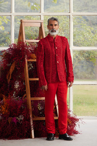 Crimson Thread Shred Beaded Bandhgala with Pants