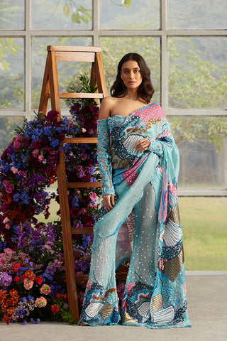 Azure Burst Pant Sari & Helix Knitted Blouse