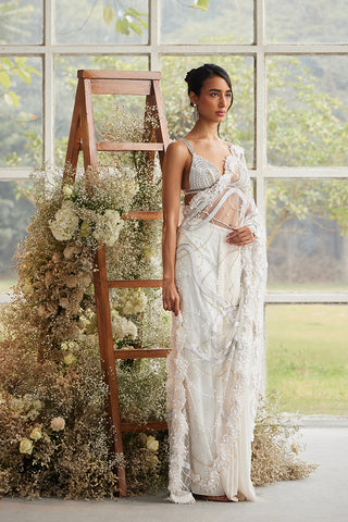 Ecru Pearlescent Scallop Sari with Beaded Blouse