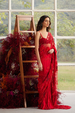 Crimson Glory Embellished Sari with Cord Bloom Blouse