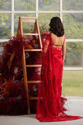 Crimson Glory Embellished Sari with Cord Bloom Blouse