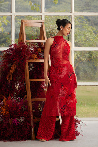 Crimson Glory Sheer Kurta with Sequin Scale-Knit Trousers