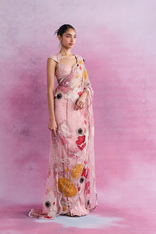 Blush Fleur Applique Tailored Sari with Embellished Blouse
