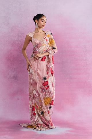Blush Fleur Applique Tailored Sari with Embellished Blouse