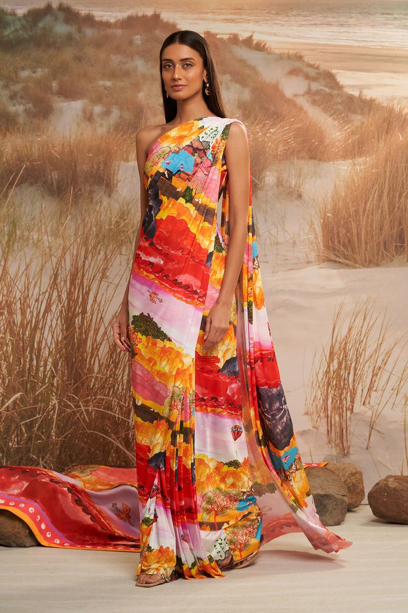 Shivan & Narresh Solscape Ruched Sari; Multicolor; Women Ethnic wear; Pre-draped Saree; 
