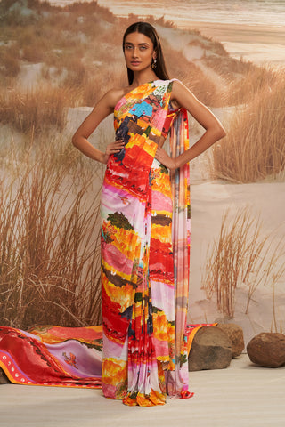 Shivan & Narresh Solscape Ruched Sari; Multicolor; Women Ethnic wear; Pre-draped Saree; 